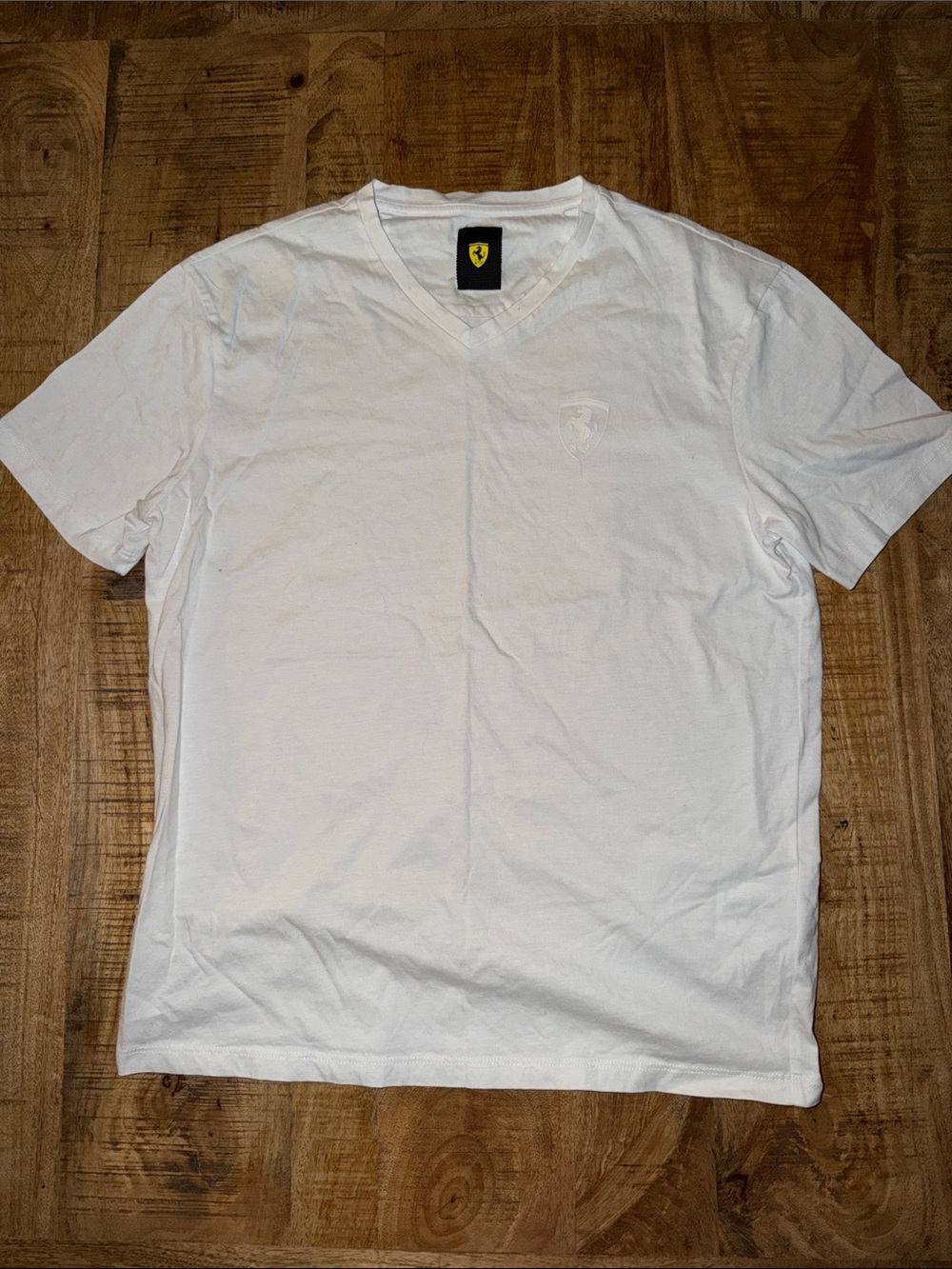 Ferrari White Short Sleeve V-Neck Tee with Subtle Shield